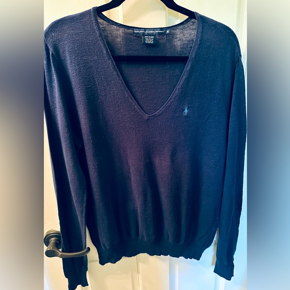 Ralph Lauren Sport Light Linen/Cotton Blend V-Neck Sweater — Navy